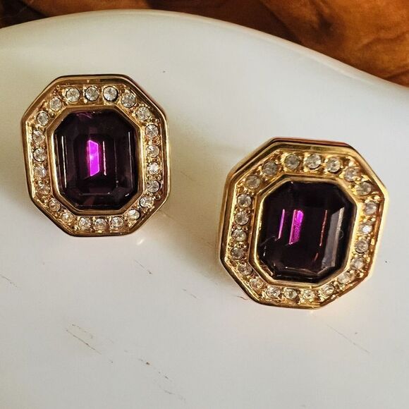 Vintage Swarovski Earrings SAL Savvy Gold Pink Amethyst Clear Crystal S.A.L. - Picture 2 of 9